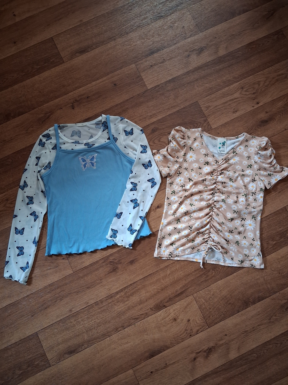 Blue Butterfly Layered Mesh Long Sleeve Top. And Floral Scrunched Blouse.